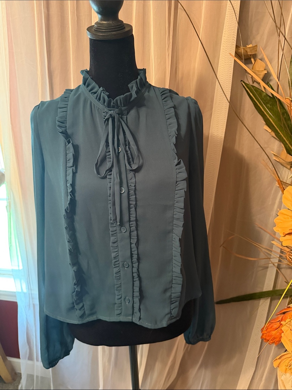 re:named Teal Ruffle Tie-Neck Blouse